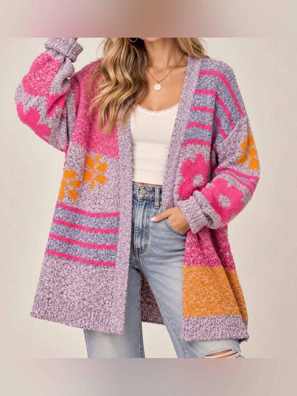Sincerely Jules Oversized Patchwork Floral Cardigan Sweater Pink Orange Gray S